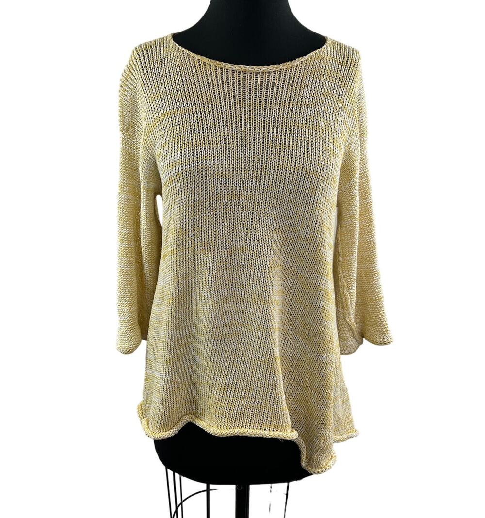SKIFO SKIF White Yellow Knit Rolled Hem 3/4 Sleeve Pullover High Low Sweater